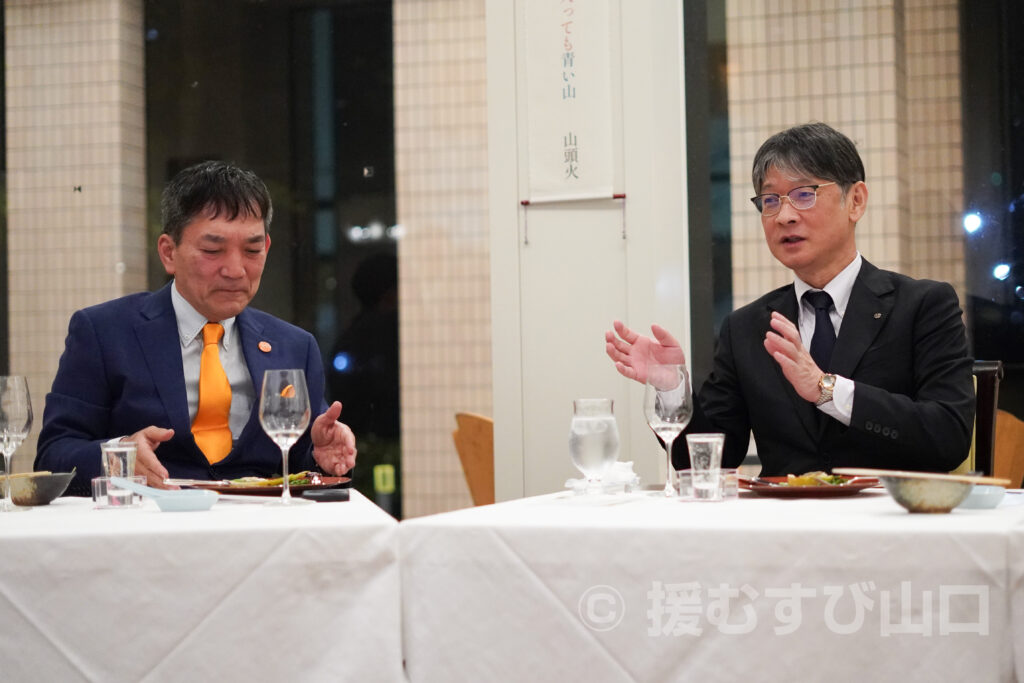 ②・援むすび山口・トライアングル・山口市・伊藤市長・新谷酒造・わかむすめ・セントコア山口・ヤスベェ・新井道子・まーちゃん・地域商社やまぐち株式会社